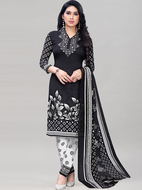 Satrani Black & White Printed Unstitched Dress Material