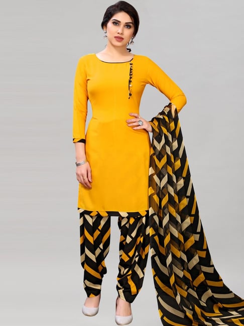 Satrani Yellow & Black Printed Unstitched Dress Material