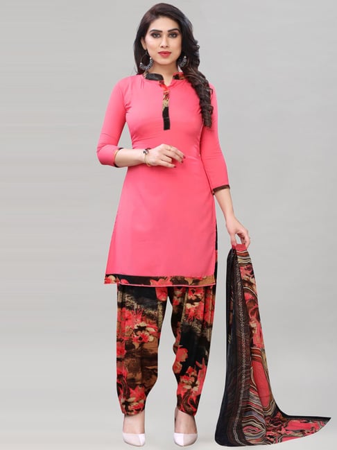 Satrani Pink & Black Printed Unstitched Dress Material