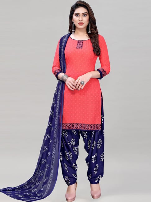 Satrani Pink & Navy Printed Unstitched Dress Material