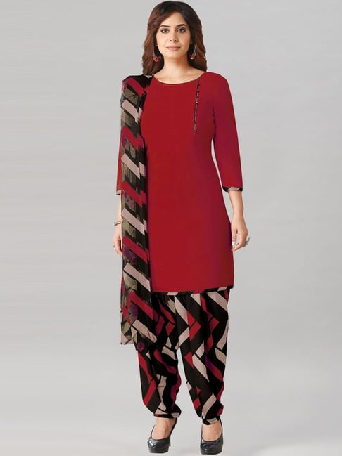 Satrani Red & Black Printed Unstitched Dress Material