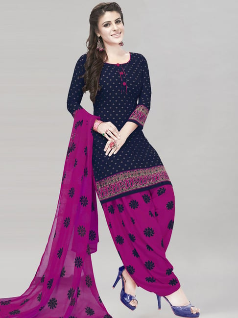 Satrani Navy & Pink Printed Unstitched Dress Material