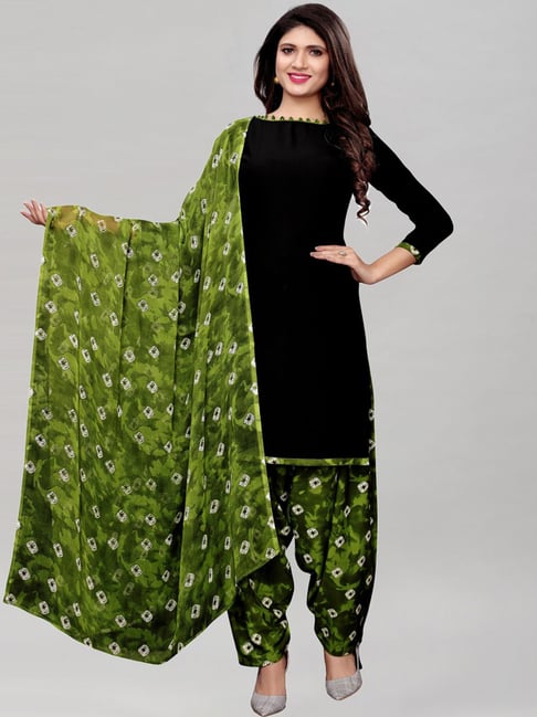 Satrani Black & Green Printed Unstitched Dress Material