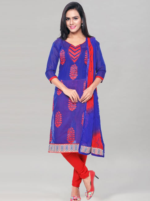 Satrani Blue & Red Embroidered Unstitched Dress Material