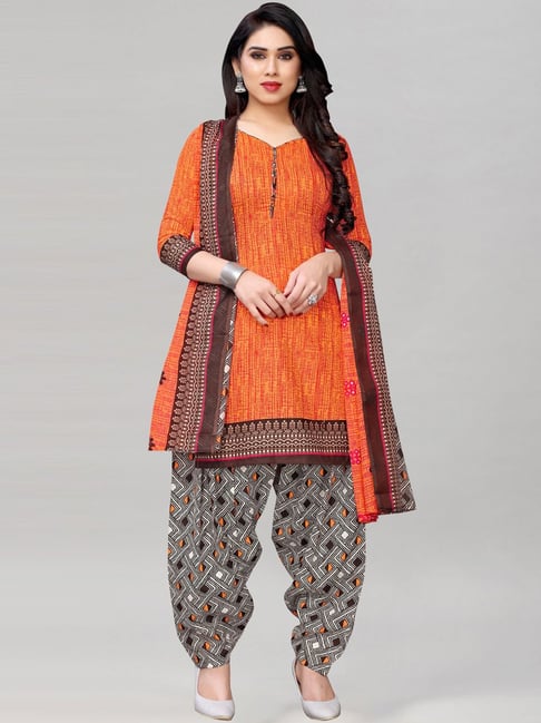 Satrani Orange Printed Unstitched Dress Material