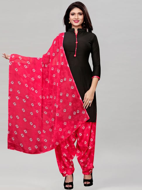 Satrani Black & Red Printed Unstitched Dress Material