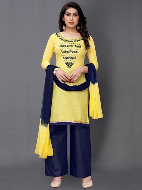 Satrani Yellow & Navy Cotton Embroidered Unstitched Dress Material