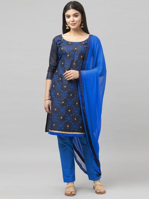 Satrani Blue Cotton Embroidered Unstitched Dress Material