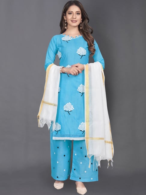 Satrani Sky Blue Cotton Embroidered Unstitched Dress Material