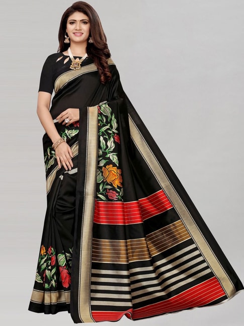 Satrani Black Floral Print Saree With Unstitched Blouse Price in India