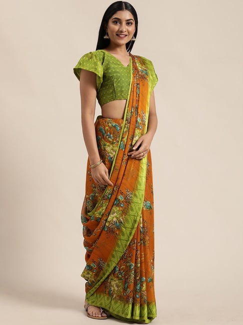 Satrani Yellow Floral Print Saree With Unstitched Blouse Price in India