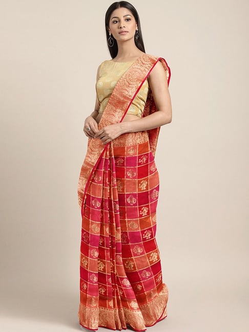 Satrani Pink & Peach Woven Saree With Unstitched Blouse Price in India