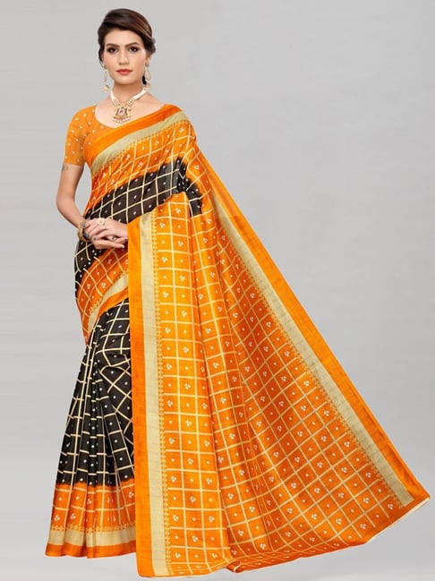 Satrani Orange & Black Bandhani Print Saree With Unstitched Blouse Price in India