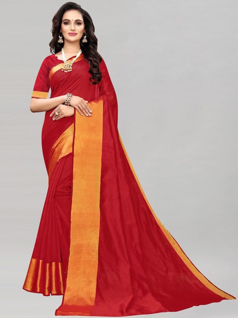 Satrani Red Woven Saree With Unstitched Blouse Price in India