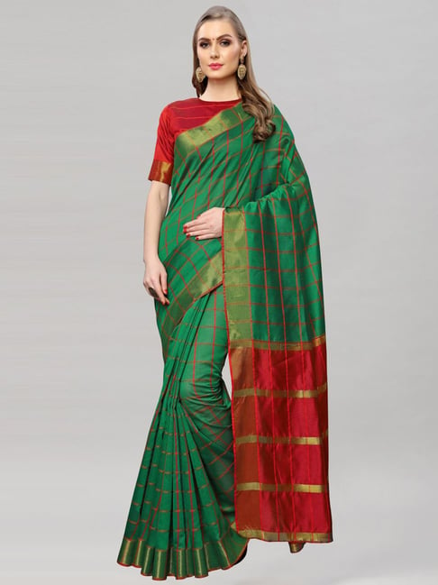 Satrani Green Chequered Saree With Unstitched Blouse Price in India