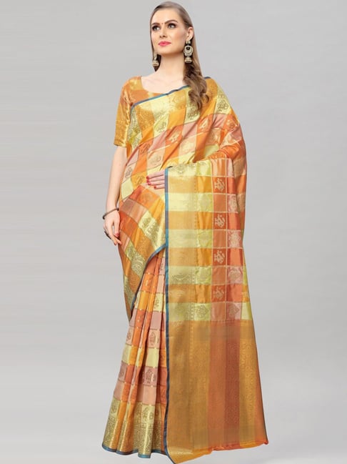 Satrani Yellow Chequered Saree With Unstitched Blouse Price in India