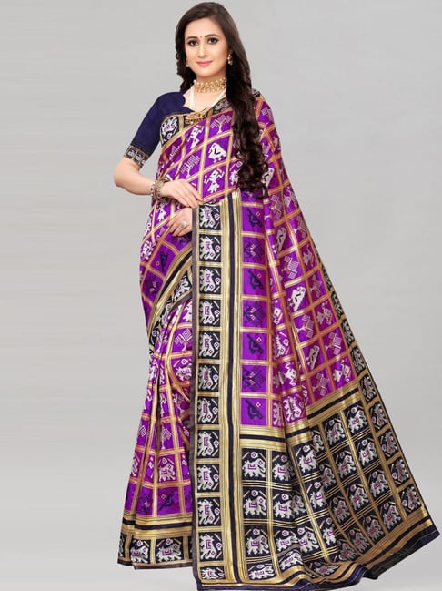 Satrani Purple Chequered Saree With Unstitched Blouse Price in India