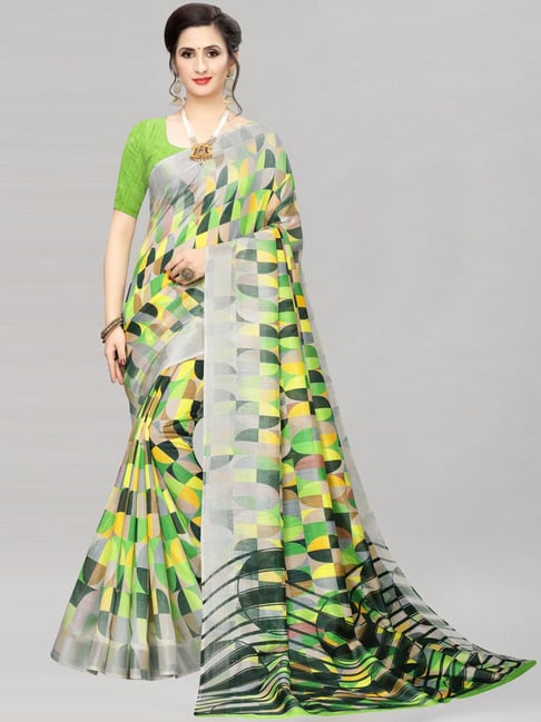 Satrani Green Geometric Print Saree With Unstitched Blouse Price in India