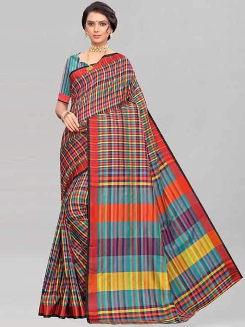 Satrani Multicolored Chequered Saree With Unstitched Blouse Price in India
