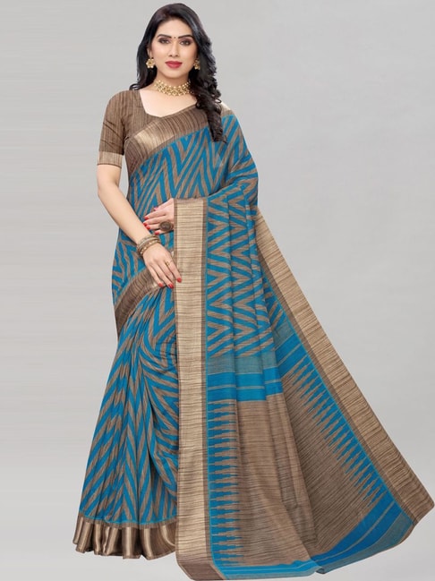 Satrani Blue & Brown Geometric Print Saree With Unstitched Blouse Price in India
