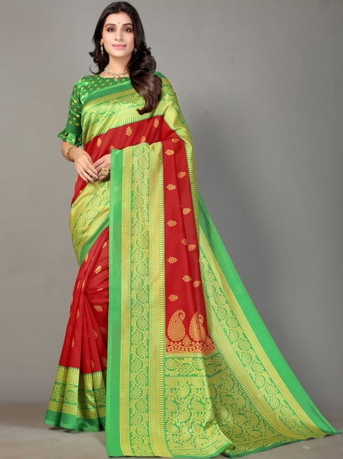 Satrani Red & Green Printed Saree With Unstitched Blouse Price in India