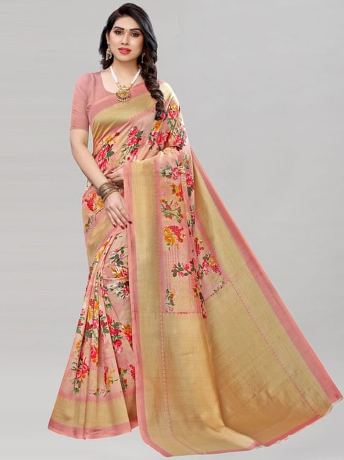 Satrani Peach Floral Print Saree With Unstitched Blouse Price in India