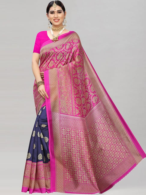 Satrani Pink & Navy Printed Saree With Unstitched Blouse Price in India