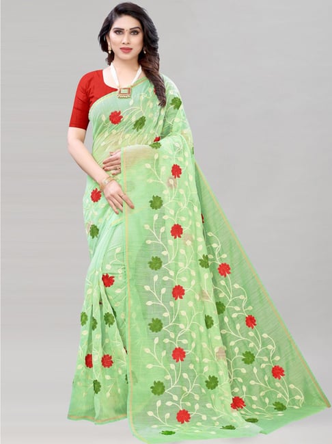 Satrani Pista Green Embroidered Saree With Unstitched Blouse