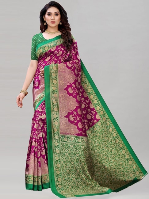 Satrani Purple Floral Print Saree With Unstitched Blouse Price in India