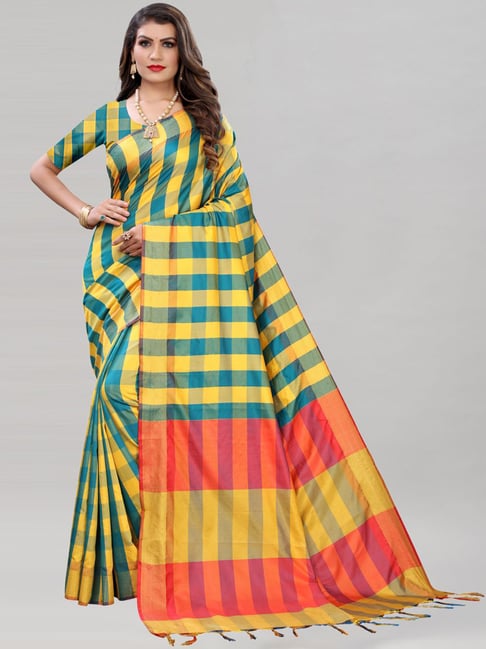 Satrani Teal Blue & Yellow Chequered Saree With Unstitched Blouse Price in India