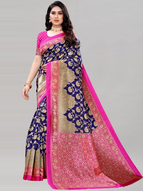 Satrani Navy Floral Print Saree With Unstitched Blouse Price in India