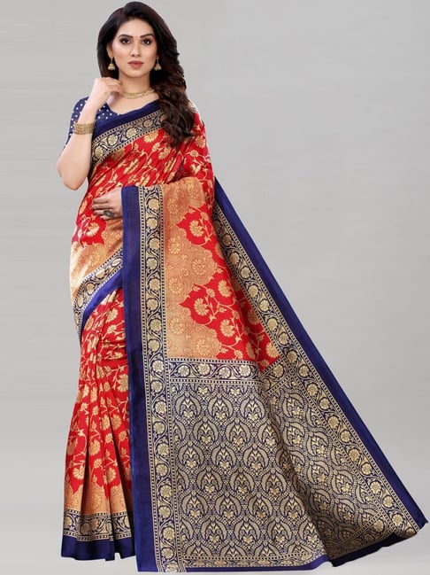 Satrani Red Floral Print Saree With Unstitched Blouse Price in India