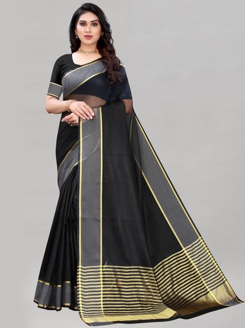 Satrani Black Striped Saree With Unstitched Blouse Price in India