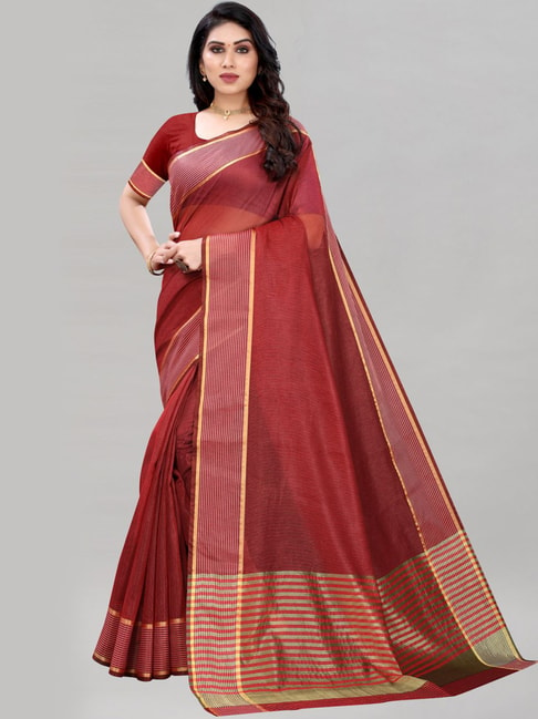 Satrani Maroon Striped Saree With Unstitched Blouse Price in India