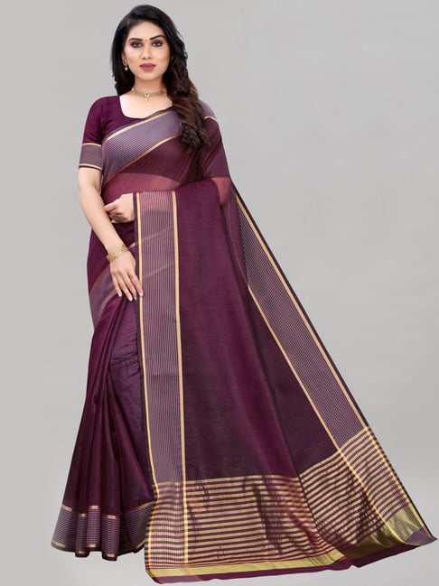 Satrani Purple Striped Saree With Unstitched Blouse Price in India