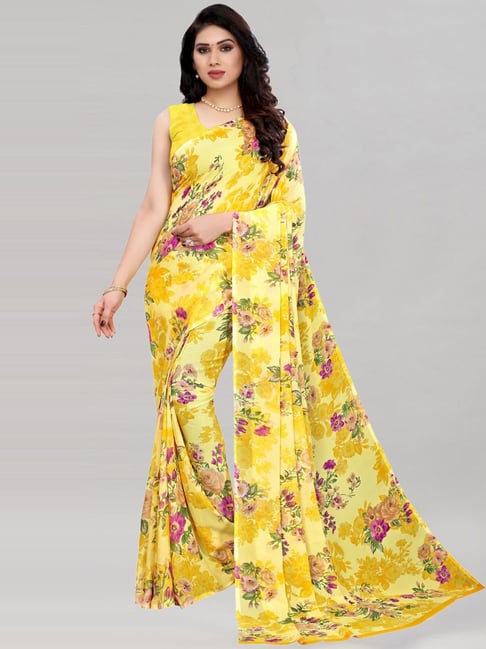 Satrani Yellow Floral Print Saree With Unstitched Blouse Price in India