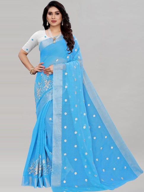 Satrani Sky Blue Embroidered Saree With Unstitched Blouse Price in India