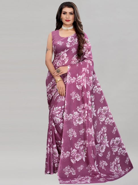 Satrani Purple Floral Print Saree With Unstitched Blouse Price in India