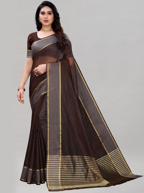 Satrani Brown Striped Saree With Unstitched Blouse Price in India