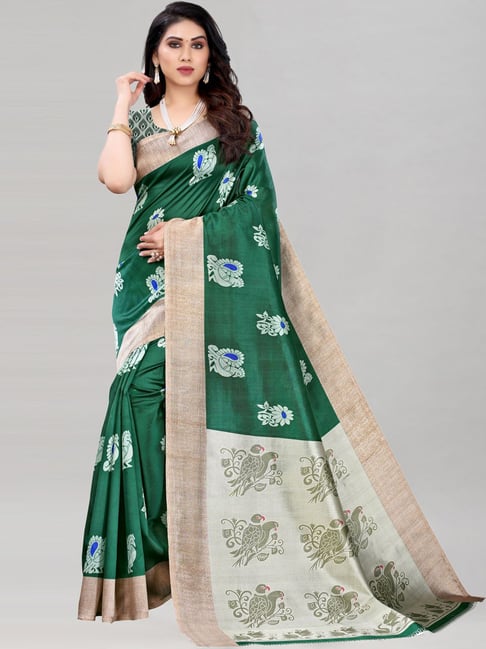 Satrani Green Printed Saree With Unstitched Blouse Price in India