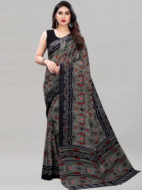 Satrani Black Bandhani Print Saree With Unstitched Blouse Price in India