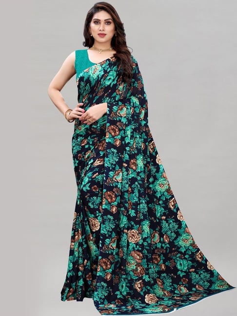 Satrani Navy Floral Print Saree With Unstitched Blouse Price in India