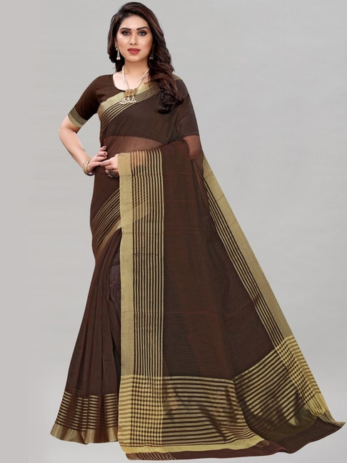 Satrani Brown Striped Saree With Unstitched Blouse Price in India