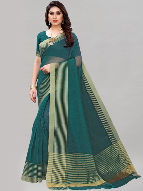 Satrani Green Striped Saree With Unstitched Blouse Price in India