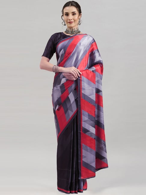 Satrani Black & Red Geometric Print Saree With Unstitched Blouse Price in India