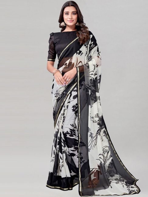 Satrani White & Black Printed Saree With Unstitched Blouse Price in India