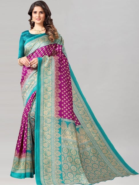 Satrani Purple & Blue Printed Saree With Unstitched Blouse Price in India