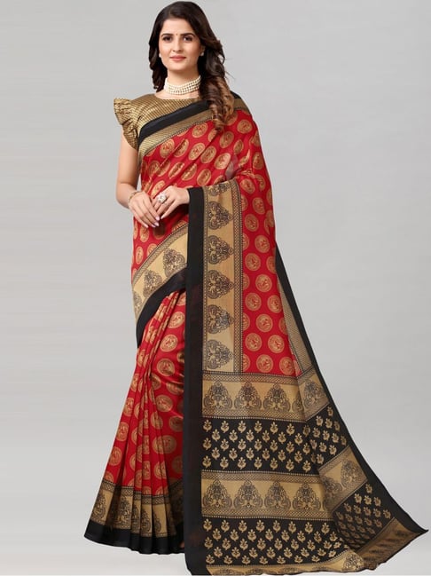 Satrani Red Printed Saree With Unstitched Blouse Price in India