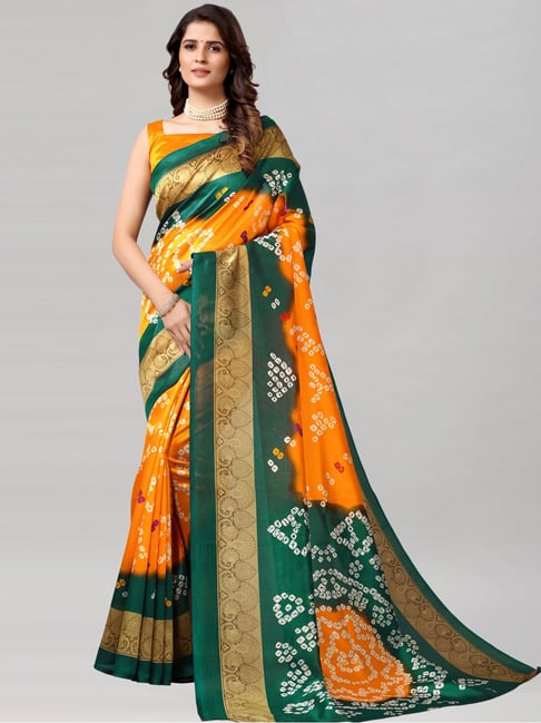 Satrani Yellow Bandhani Print Saree With Unstitched Blouse Price in India