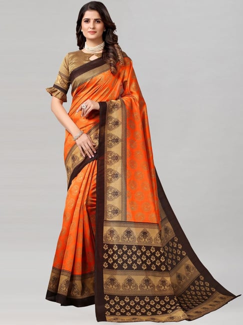 Satrani Orange Printed Saree With Unstitched Blouse Price in India